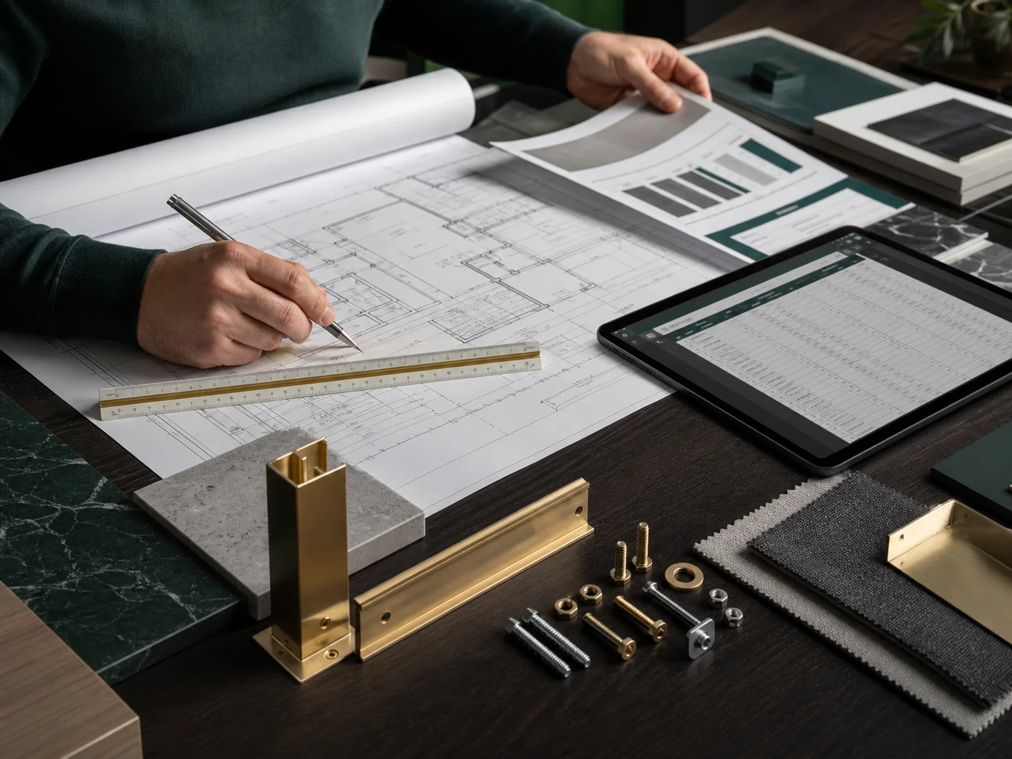 Construction plans, material samples, and a detailed takeoff worksheet