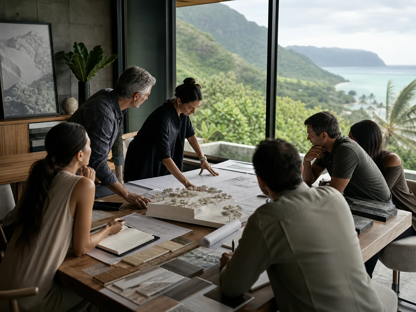 Architects, engineers, and project specialists coordinating around plans